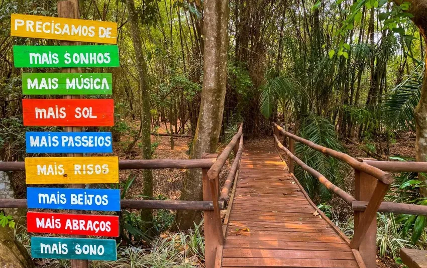 Foto da entrada da trilha com plaquinhas de frases positivas