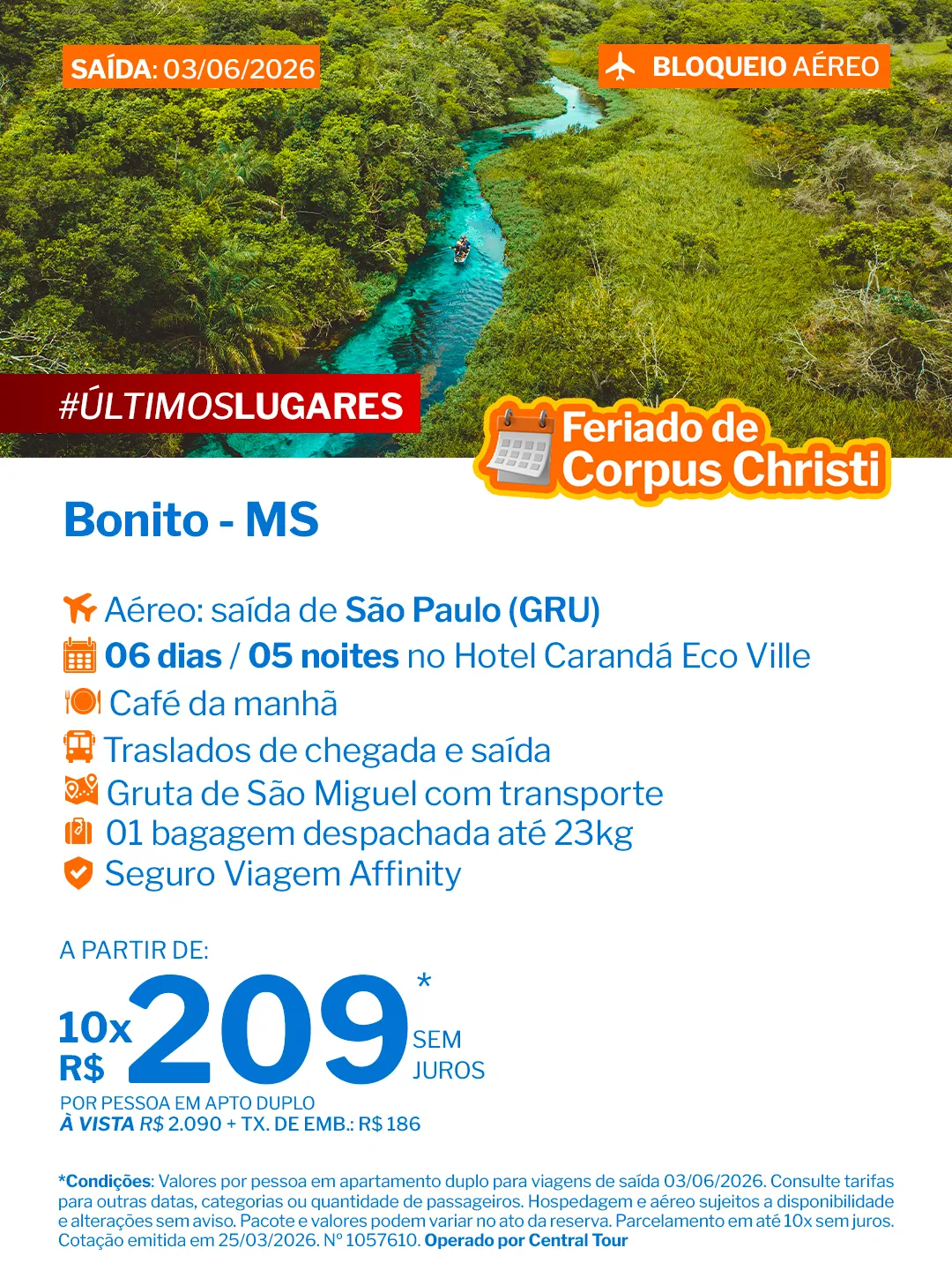 Bonito - 5 Noites - Hotel Carandá Eco Ville - GRU 